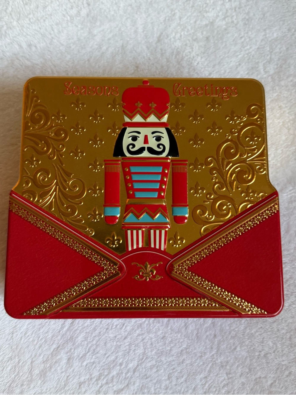 Nutcracker-Themed Holiday Toy Tin - Red exterior Gold interior rare